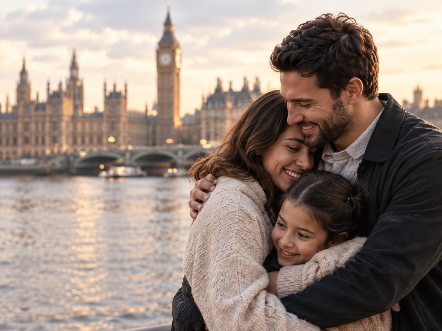 A family embracing on the South Bank at sunset, with the Houses of Parliament across the Thames behind them