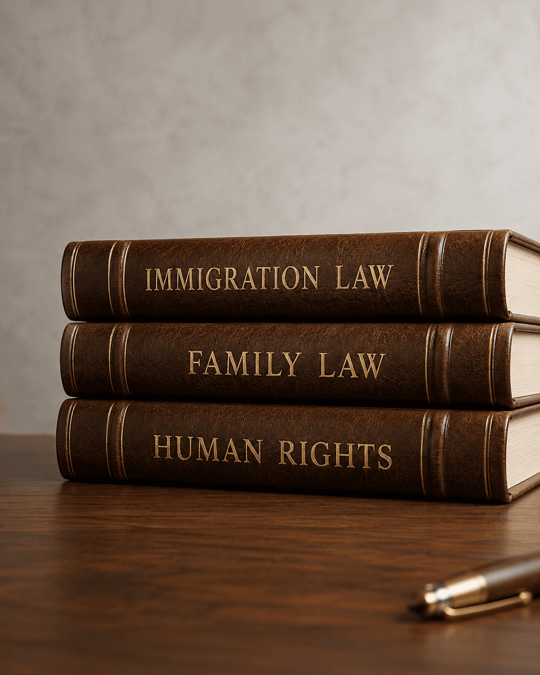 Bound volumes of immigration, family and human rights law on a desk